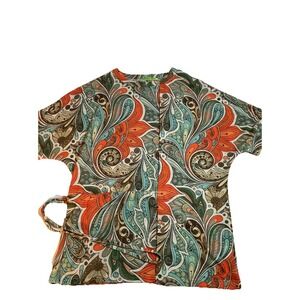Trisha Tyler Small‎ Shirt Top Green/Orange Short Sleeve Side Tie Waist I06